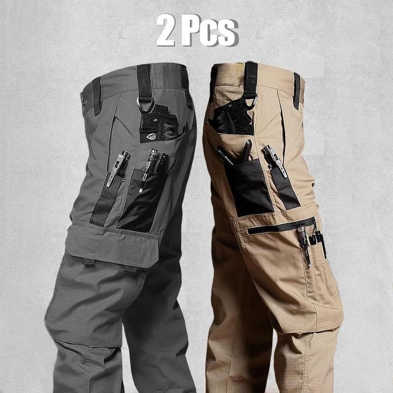 Men's durable outdoor training pants, men's multi-pocket work pants, men's solid color and  printed pocket zipper waterproof tactical cargo pants without belt, regular fit sports pocket durable autumn pants.