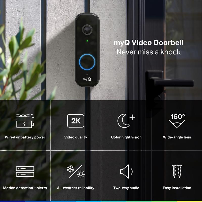 myQ Video Doorbell | 2K Camera, Battery/Wired, Color Night Vision, Live View with 2-Way Talk, Motion Detection & Real-Time Alerts, 150 Deg Wide View, Black