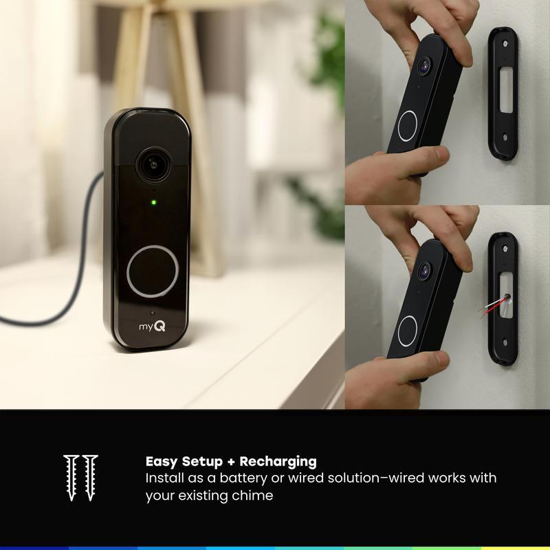 myQ Video Doorbell | 2K Camera, Battery/Wired, Color Night Vision, Live View with 2-Way Talk, Motion Detection & Real-Time Alerts, 150 Deg Wide View, Black