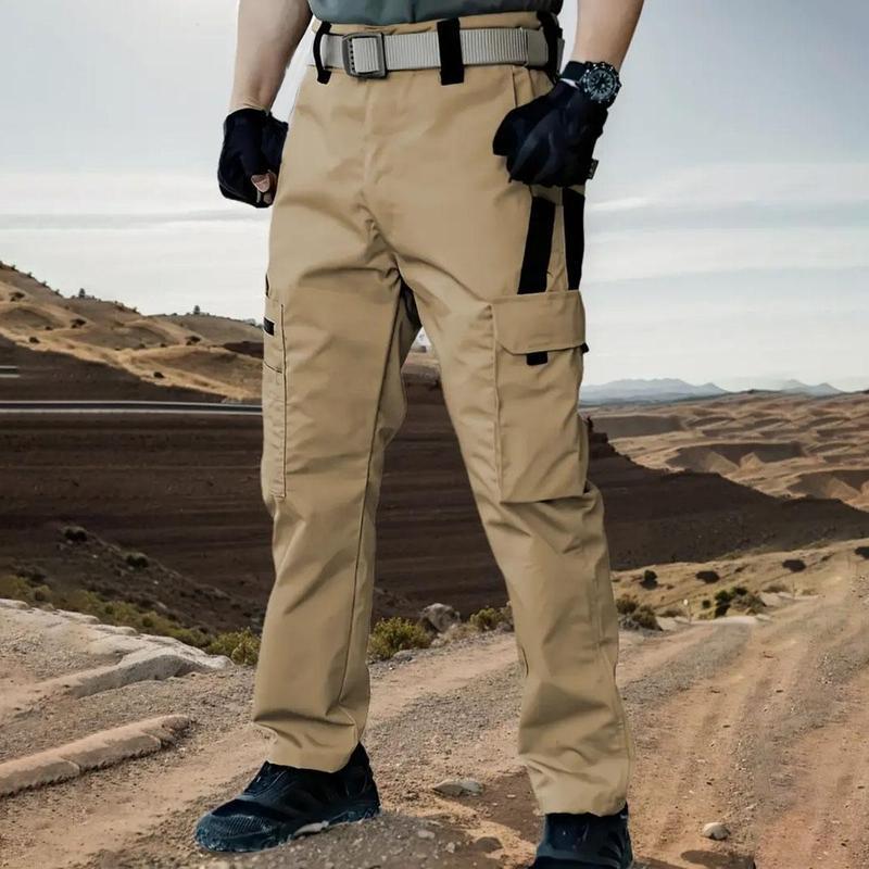 Men's durable outdoor training pants, men's multi-pocket work pants, men's solid color and  printed pocket zipper waterproof tactical cargo pants without belt, regular fit sports pocket durable autumn pants.