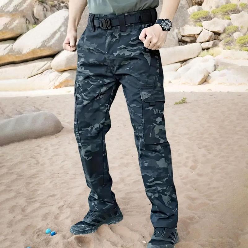 Men's durable outdoor training pants, men's multi-pocket work pants, men's solid color and  printed pocket zipper waterproof tactical cargo pants without belt, regular fit sports pocket durable autumn pants.