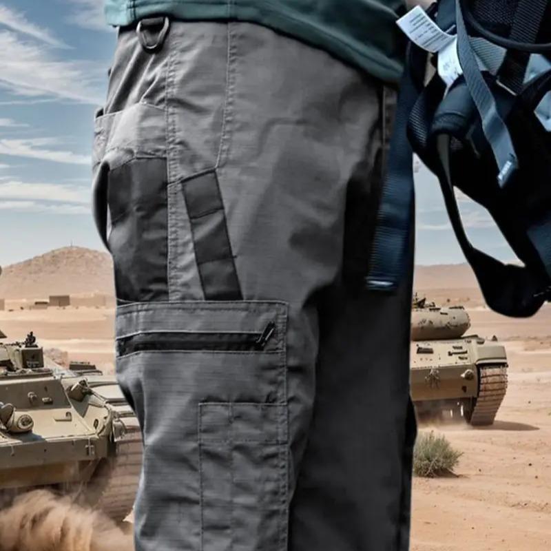Men's durable outdoor training pants, men's multi-pocket work pants, men's solid color and  printed pocket zipper waterproof tactical cargo pants without belt, regular fit sports pocket durable autumn pants.